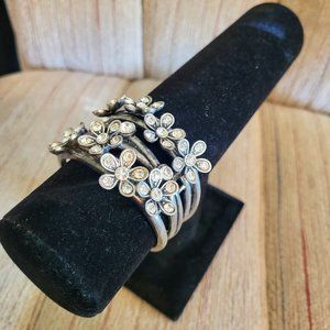 Rhinestone Flower Silver Toned Stretch Cuff Bracelet
